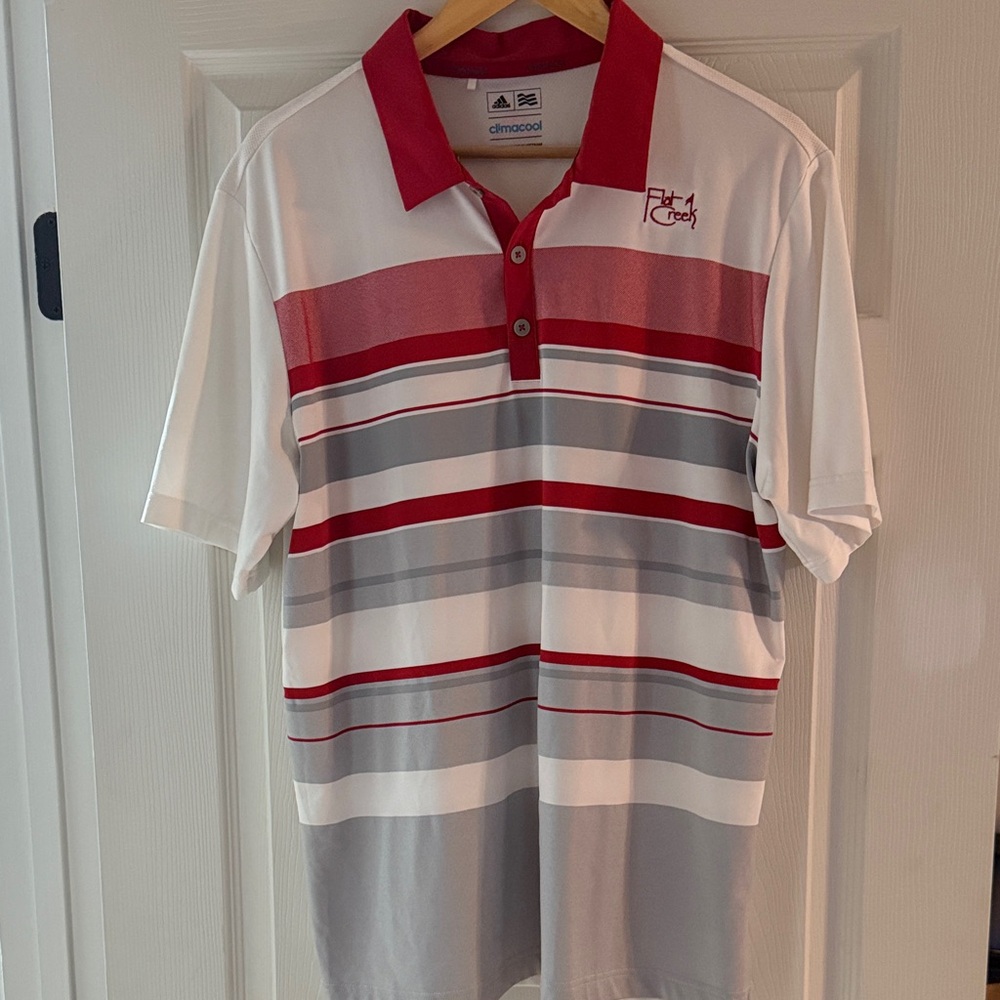 Flat Creek Country Club Adidas Men's Polo with Red and Gray Stripes